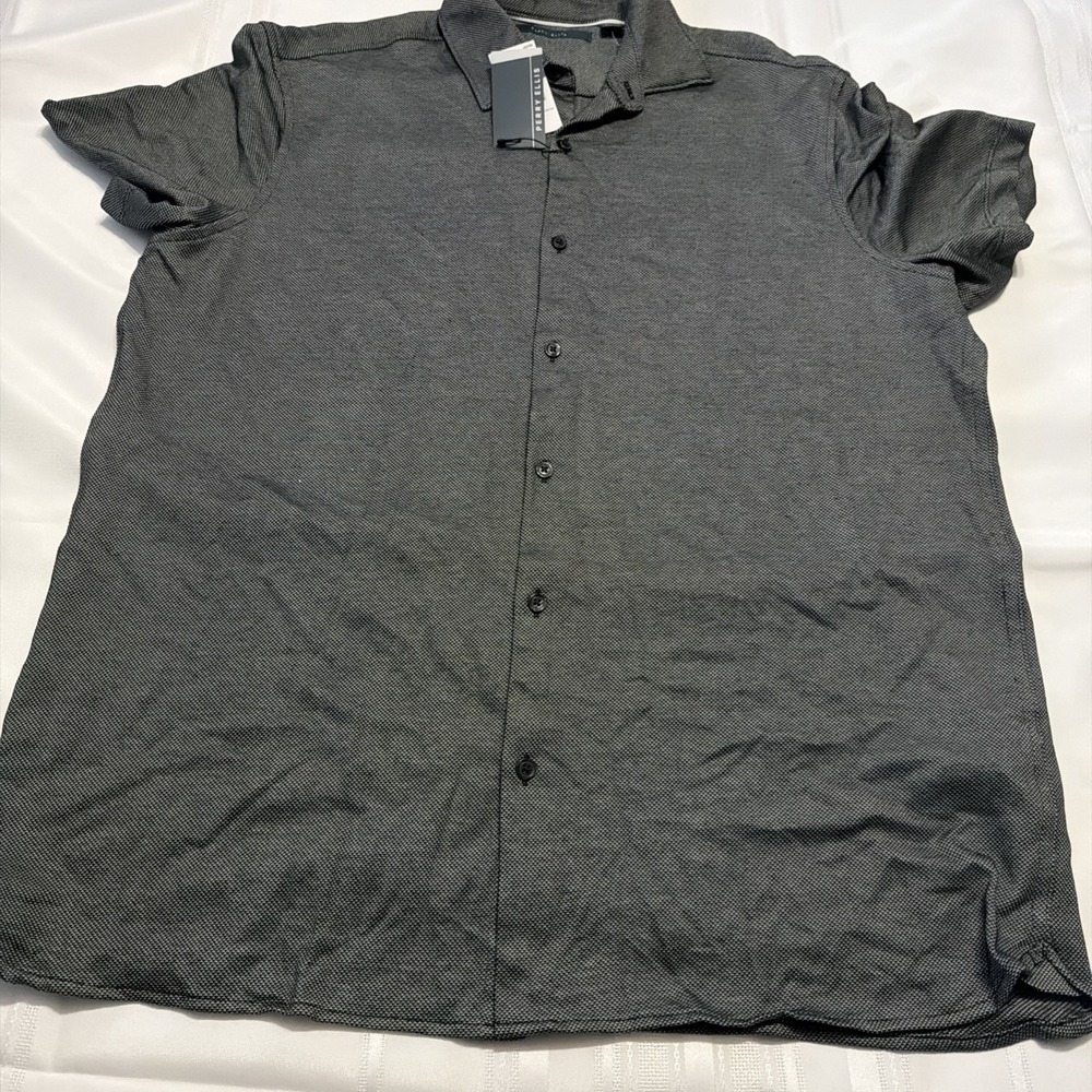 Perry Ellis Mens XL Short Sleeve Button Down Shirt Black White Micro Pattern NEW